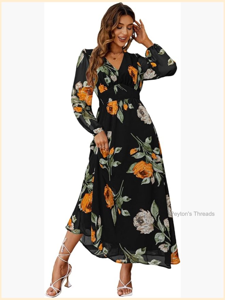 Flowy Boho Floral Maxi Dress V-Neck Long Sleeve Wedding Guest Casual